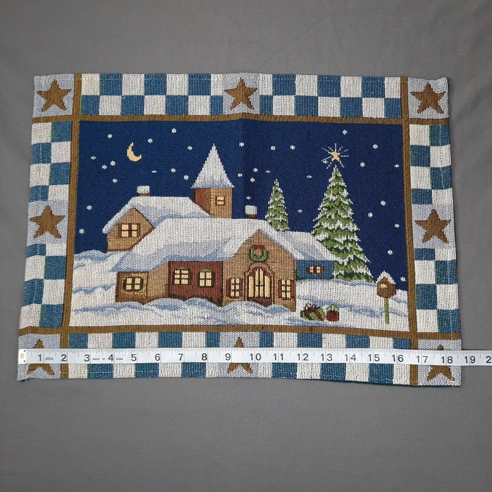 4 Christmas Tapestry Placemats Church Winter Moon Stars Country Cottagecore 90s